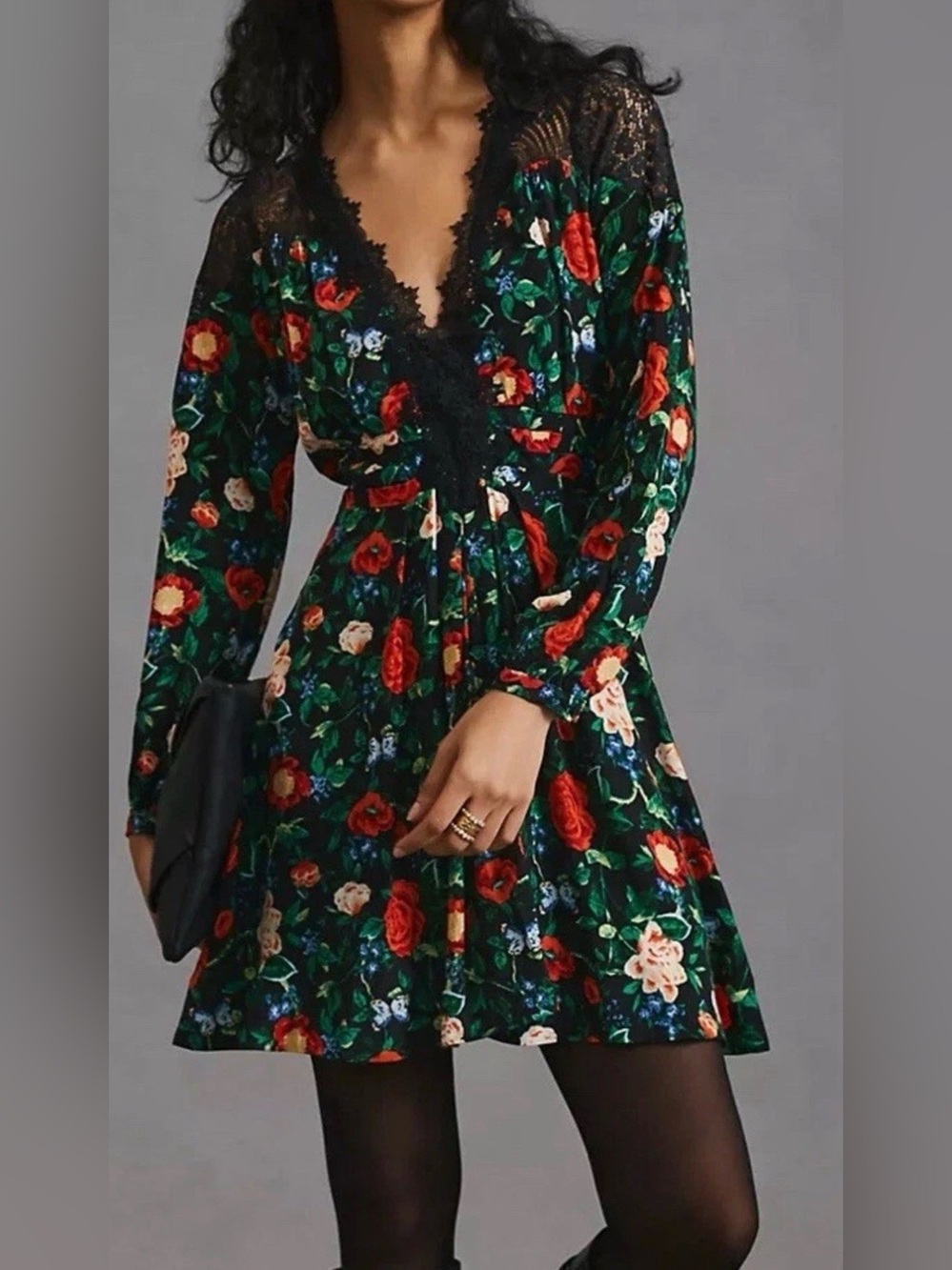 Anthropologie Black Floral Lace-Trim Wrap Dress with Red & Cream Roses